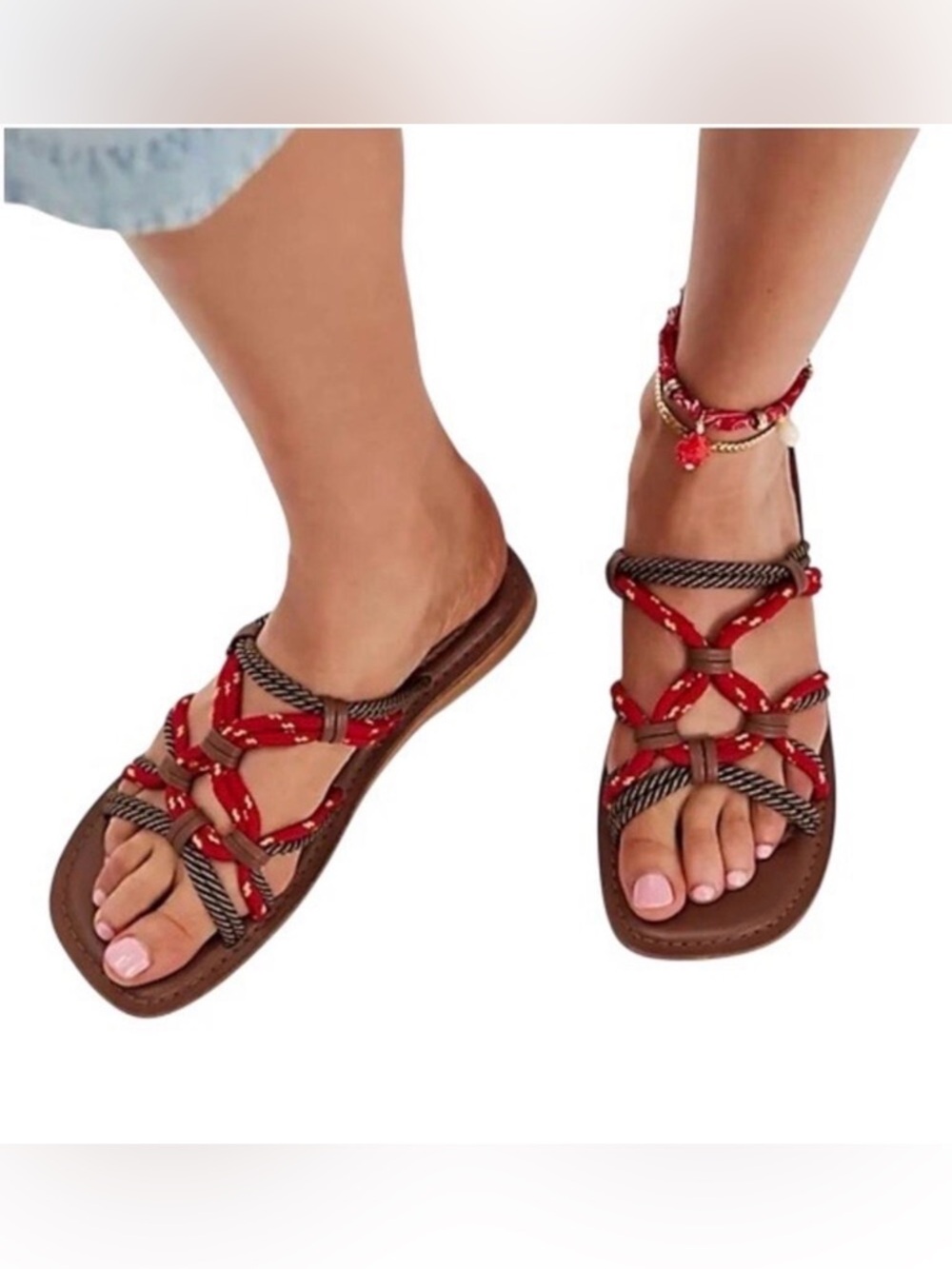 Free People Tied-Up Rope Sandals Women’s 8.5  Red Tan Square Toe Strappy NIB